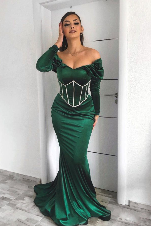 Emerald Mermaid Evening Dress with Long Sleeves and Appliques