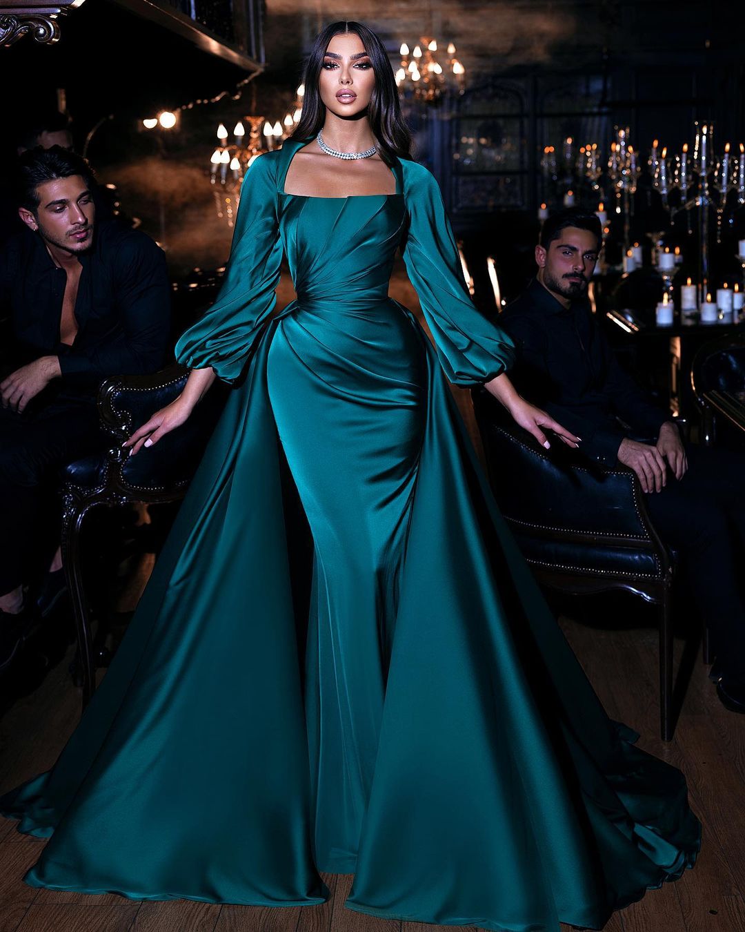 Mermaid Prom Dress with Ruffles and Square Emerald Long Sleeves