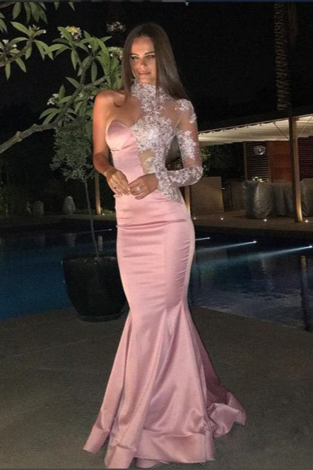 Pink Glamorous One Shoulder Prom Dress with Long Sleeves