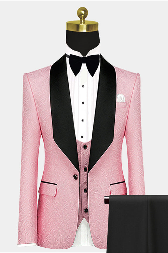 Morden Pink Morning Suit Wedding Black Satin Lapel With Jacquard