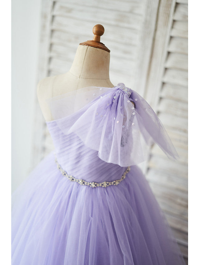 Sleeveless One Shoulder Ball Gown Flower Girl Dress With Belt Bow & Tulle