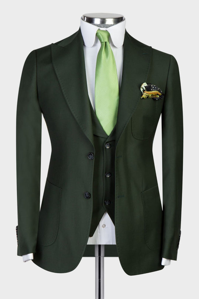 Dudley Chic Three Piece Business Suit - Dark Green Peaked Lapel