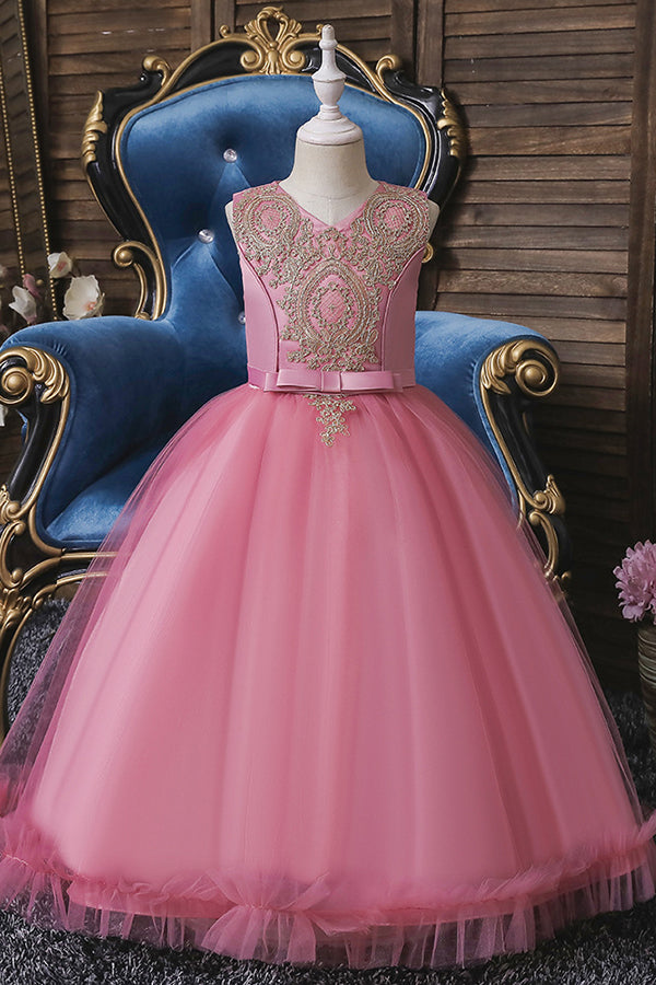 Princess Flower Girl Dress with Appliques - Sleeveless Tea Length