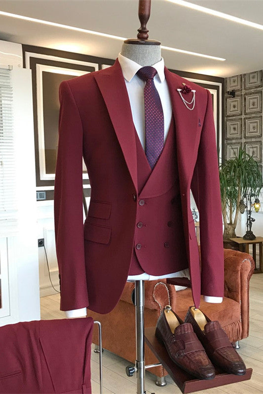 Dark Red Groom & Groomsman Suit - 3 Piece Stylish Peaked Lapel