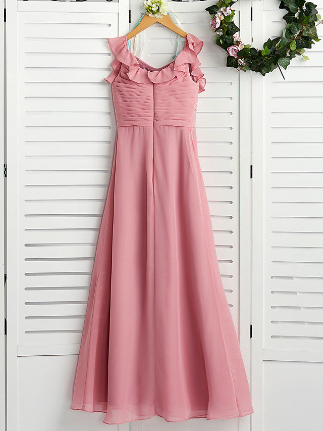 A-Line Boat Neck Maxi Chiffon Flower Girl Dress with Cascading Ruffles and Ruching