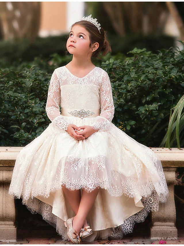 Long Sleeve V-Neck Ball Gown Flower Girl Dress with Lace Bow Appliques