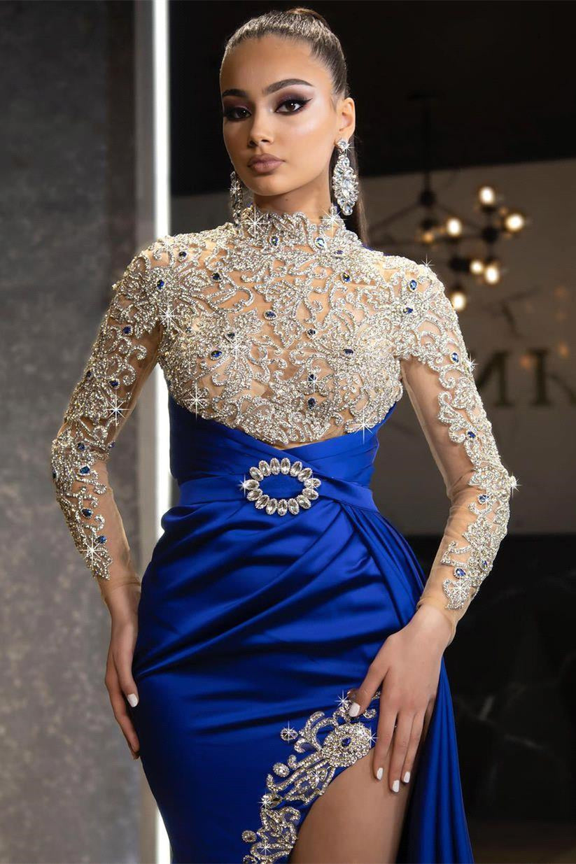 Royal Blue Long Sleeves Mermaid Prom Dress with Split Beadings and Ruffles