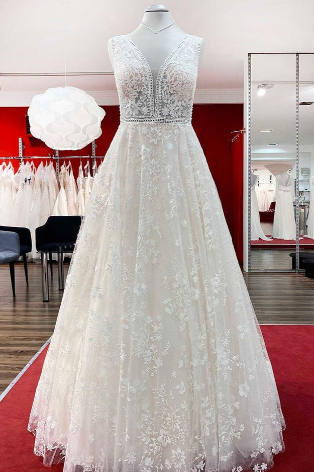 Elegant A-Line Lace Wedding Dress with Long Appliques Tulle Open Back