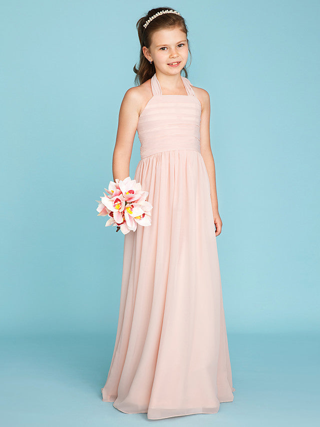 Princess A-Line Halter Neck Flower Girl Dress Floor Length Chiffon With Pleats Ruched