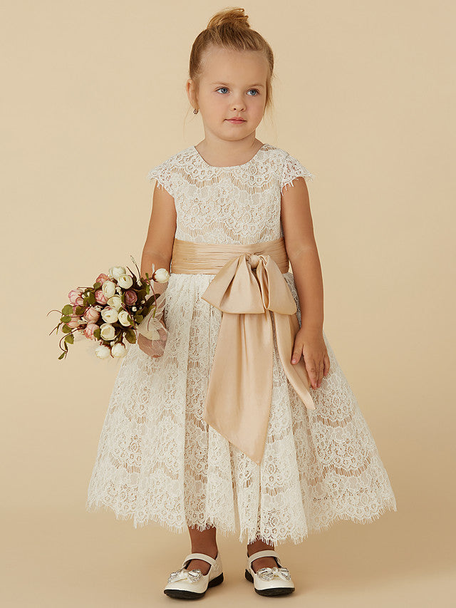 A-Line Tea Length Short Sleeve Jewel Neck Flower Girl Dresses with Lace Taffeta and Sash Ribbon Bow