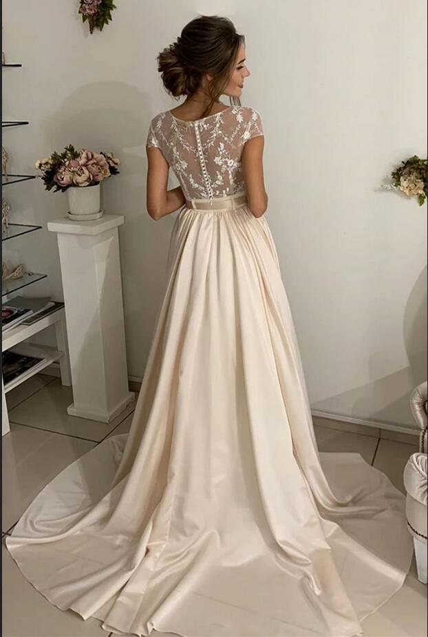 Simple Long A-line Jewel Stretch Satin Lace Wedding Dress