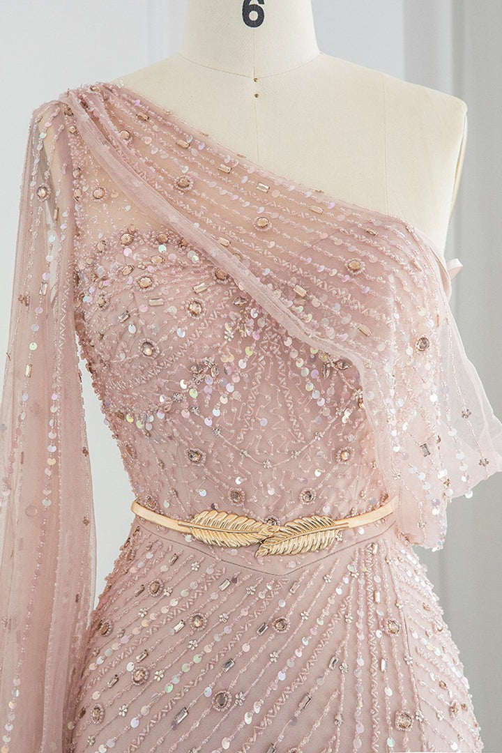 Pink Mermaid Evening Dress With Appliques & Seqiuns Side Split