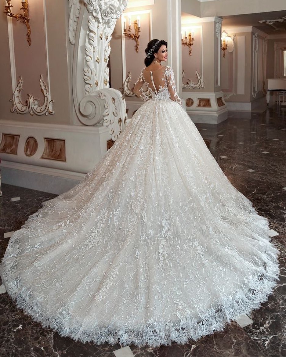 A-Line Long Sleeves Bateau Beading Train Wedding Dress with Appliques Lace