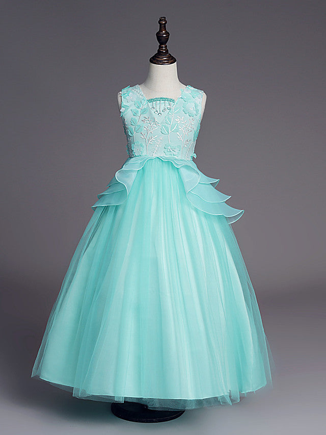 Princess Sleeveless Jewel Long Length Flower Girl Dress with Belt Beadings Embroidery