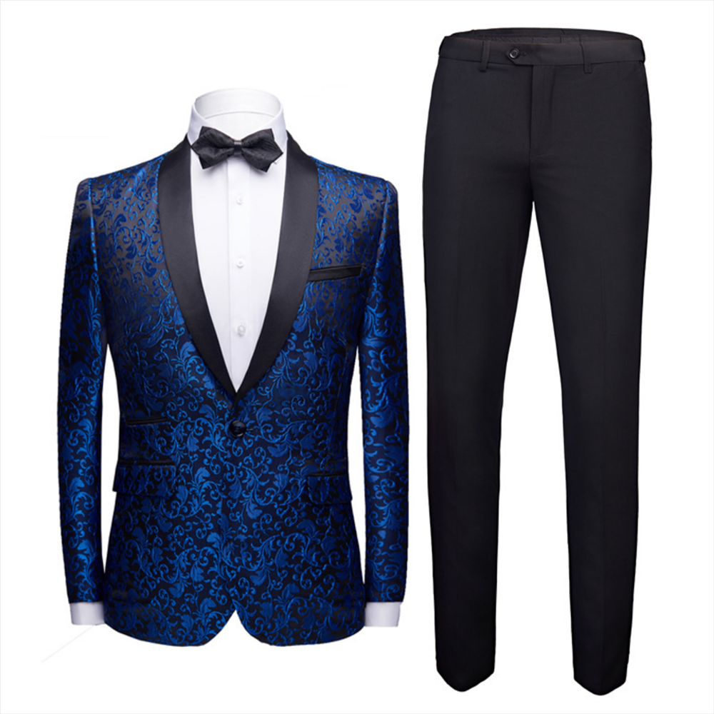 Royal Blue Jacquard Shawl Lapel Black Satin Wedding Tuxedo