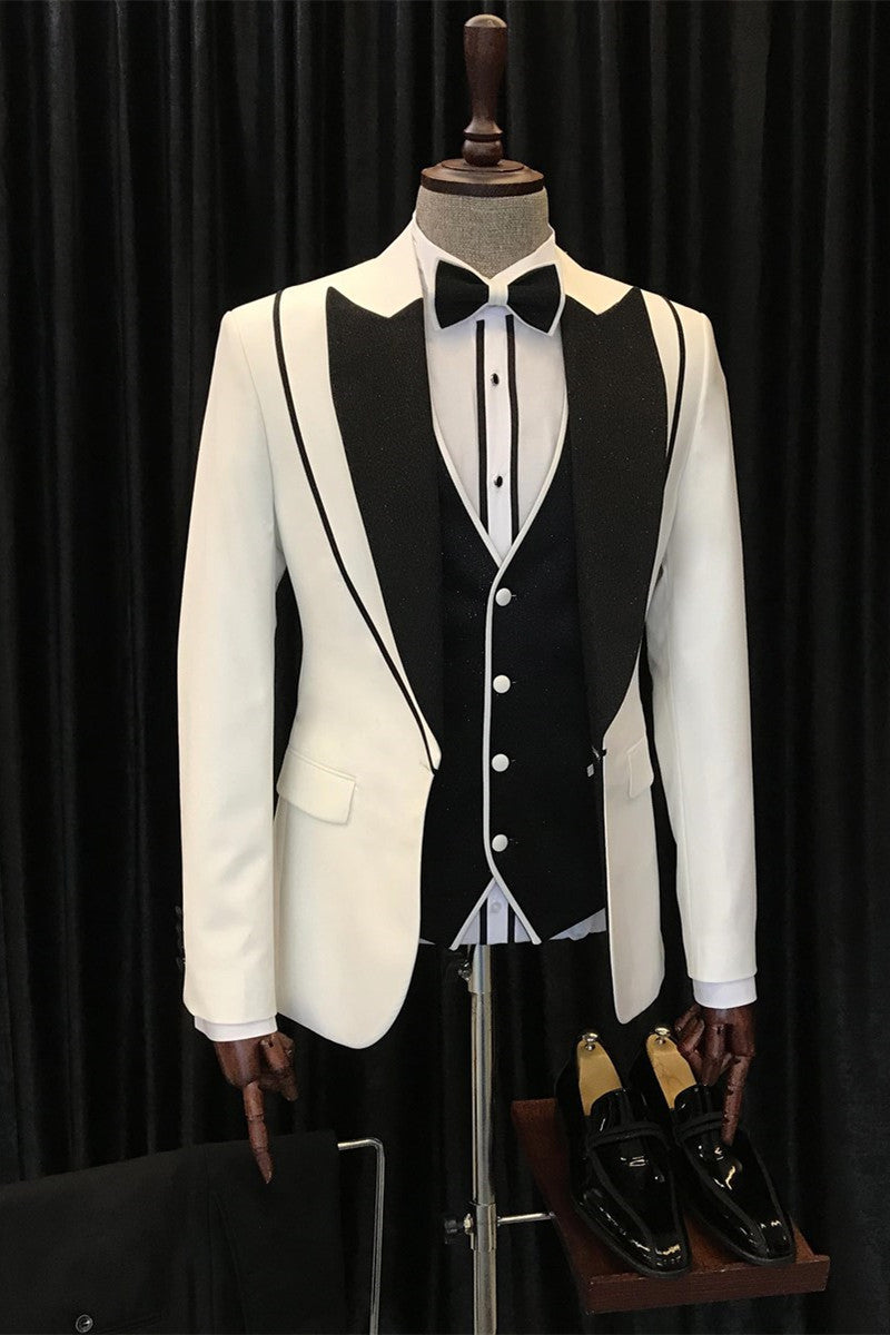 Abel Fashion White & Black Peaked Lapel Three Pieces Wedding Suit