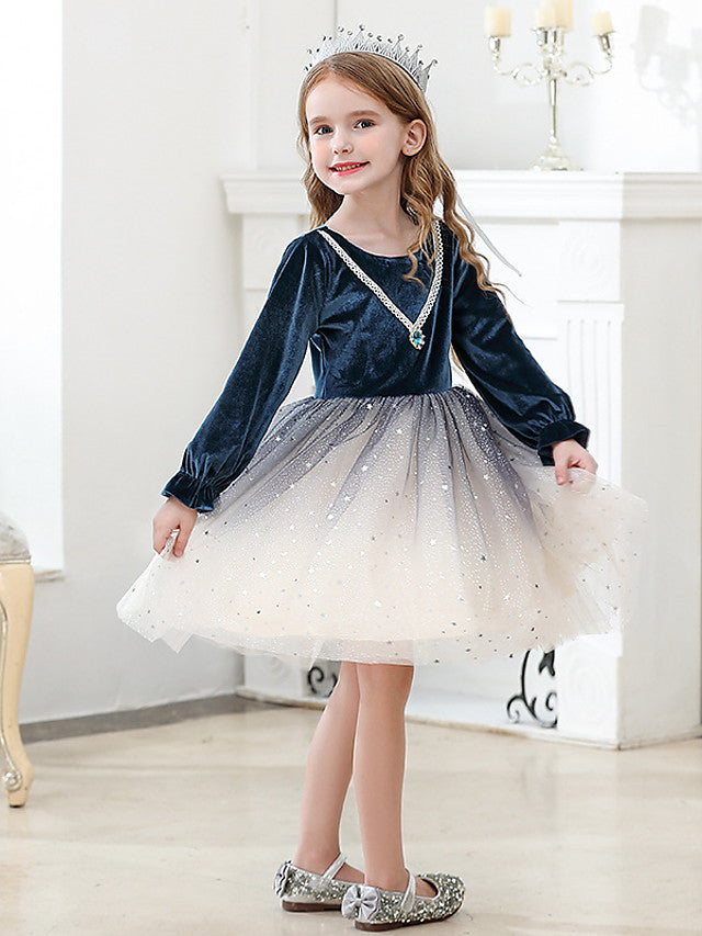 Long Sleeve Jewel Ball Gown Knee Length Flower Girl Dress with Crystals and Tulle Velvet