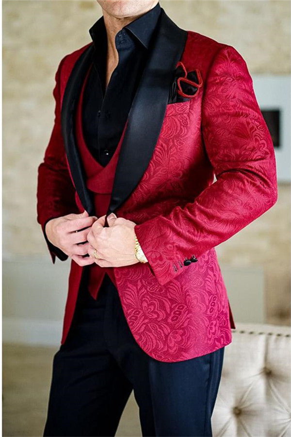 Red Shawl Lapel Jacquard Three Pieces Suit for Men - Business Slim Fit