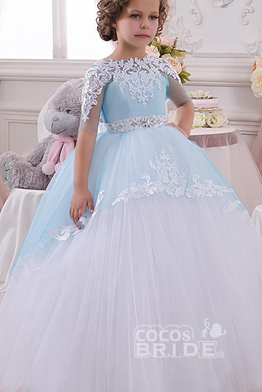 Lace Buttons Scoop Neck 1/2 Sleeve Ball Gown Flower Girls Dress