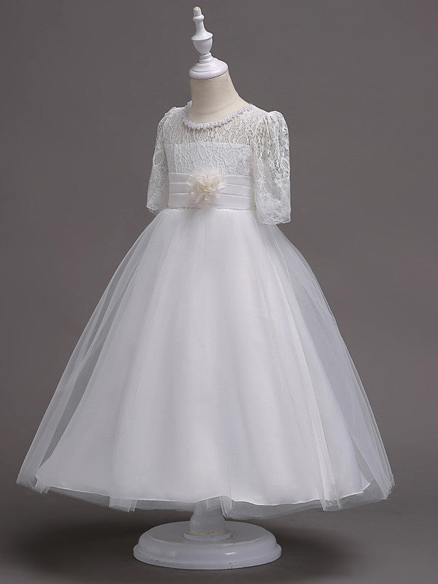 Half Sleeve Lace Jewel Neck Flower Girl Dresses with Satin Tulle Belt and Beading