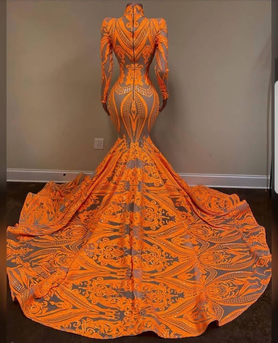 Mermaid Orange Long Sleeves Prom Dress with Sequins and Lace