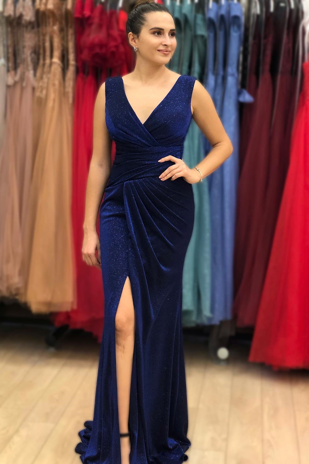 Blue V Neck Long Mermaid Prom Dress With Slit