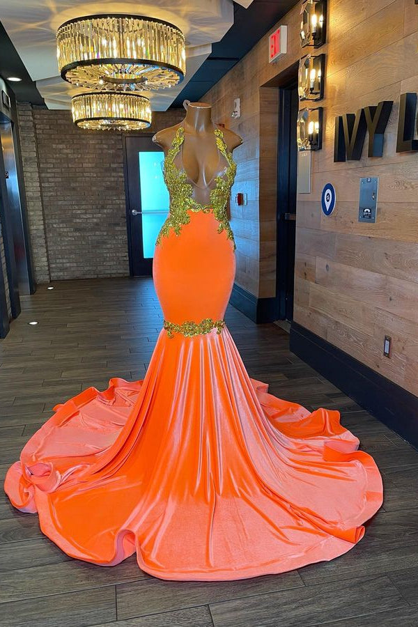 Sleeveless Orange Mermaid Elegant Prom Dress With Appliques and Beads