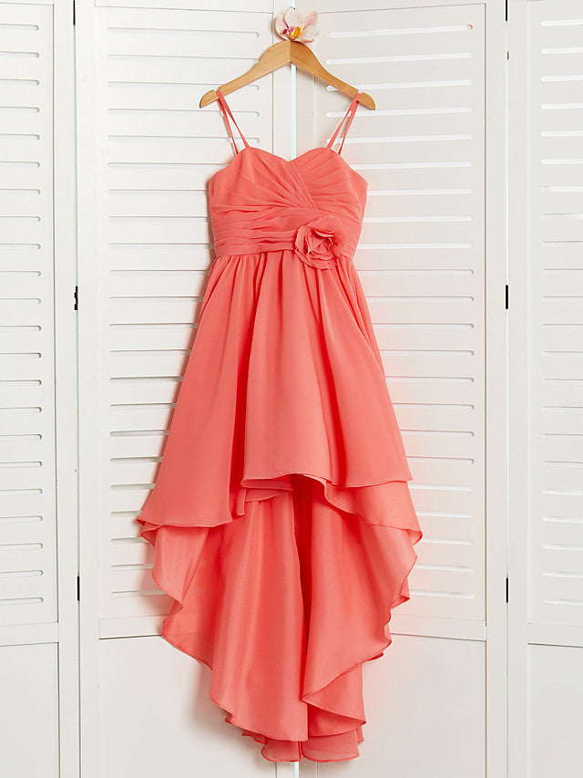 Chiffon A-Line Flower Girl Dress With Spaghetti Strap and Tea Length Pleats