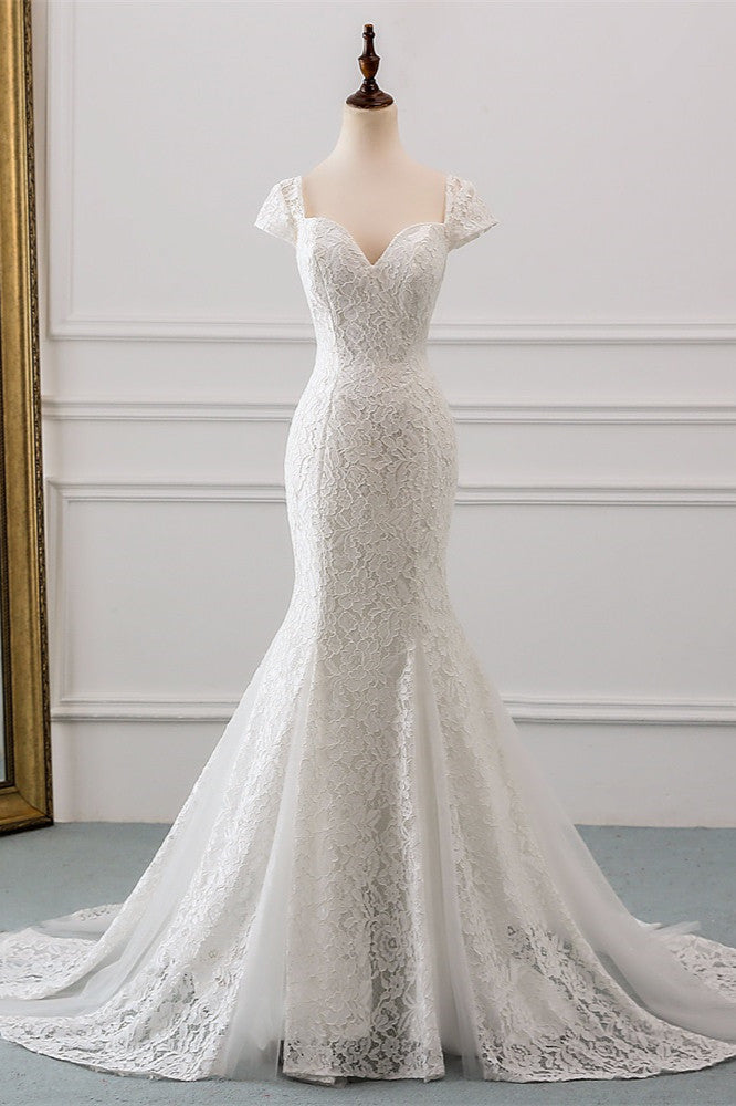 Elegant Sweetheart Lace Long Mermaid Wedding Dress with Cap-Sleeves