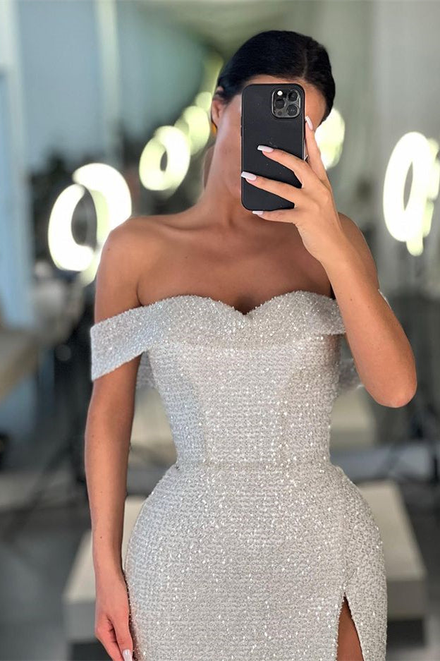 Mermaid White Off-the-Shoulder Sequins Slit Prom Dress