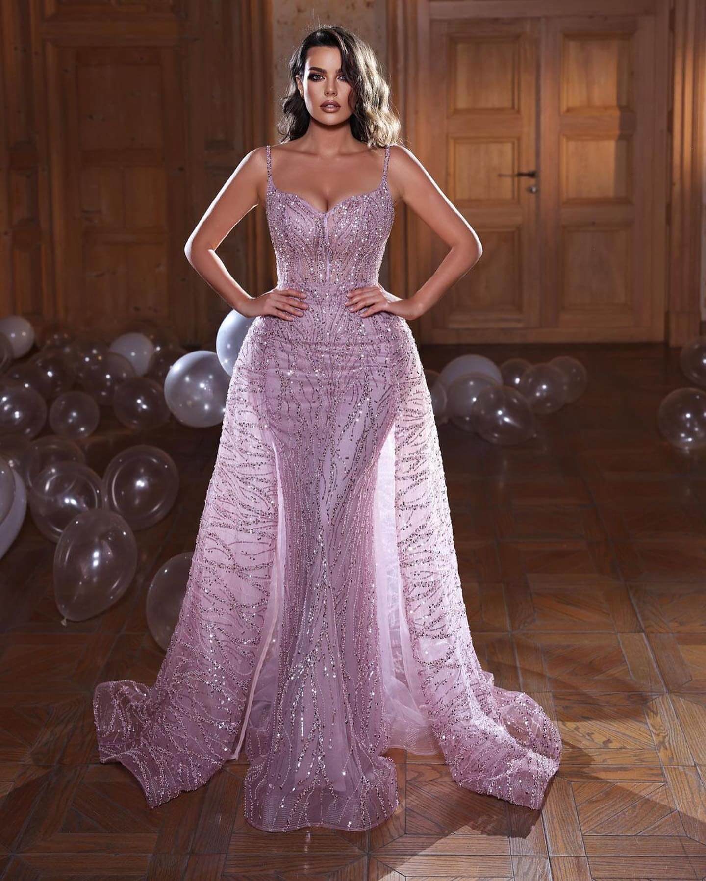 Shinning Mermaid Evening Dress with Spaghetti-Straps and Overskirt Sleeveless Online