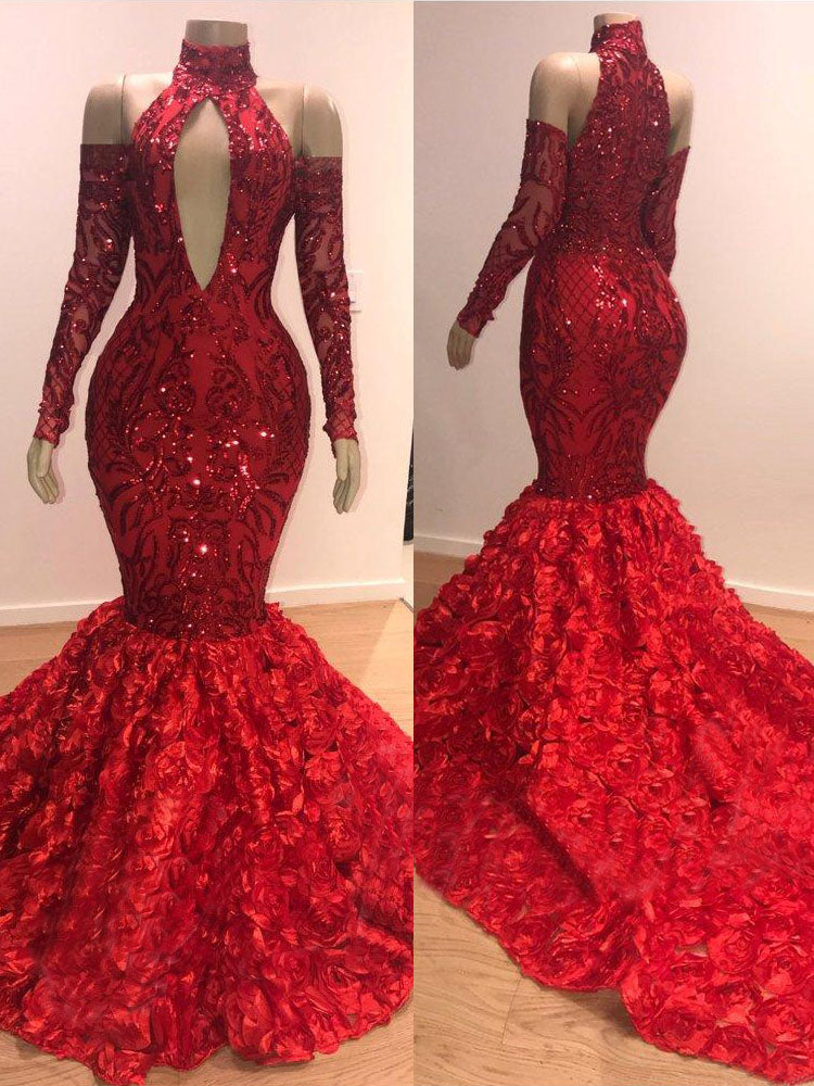 Mermaid Sequins Long Sleeves High Collar Burgundy Prom Dress