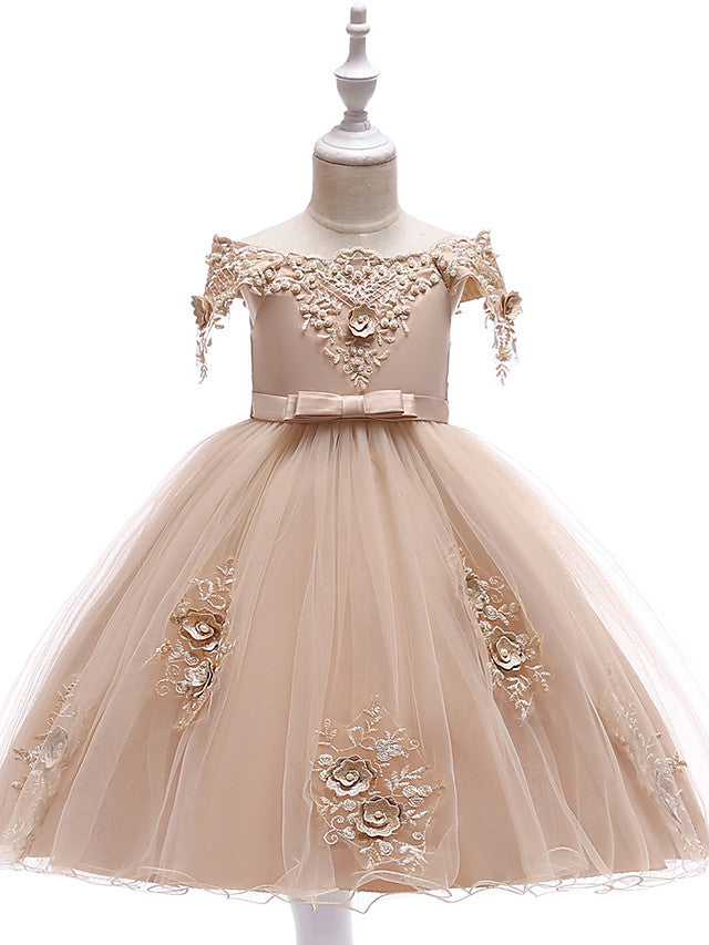 Elegant Short Sleeve Off Shoulder Above Knee Flower Girl Dress with Satin Tulle Lace Beadings and Appliques