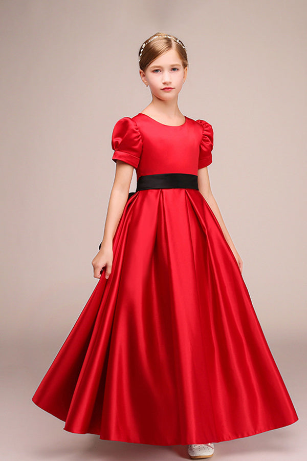 Short Sleeves Jewel Satin Flower Girl Dress with Belt