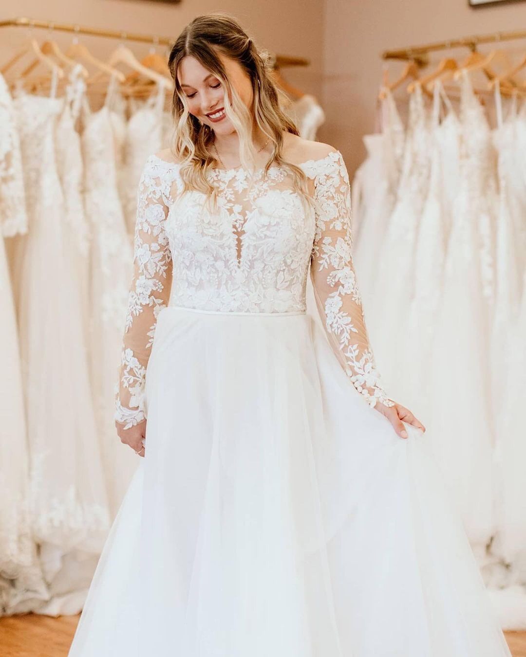 Simple A-Line Wedding Dress with Long Sleeves and Off-the-Shoulder Tulle & Lace