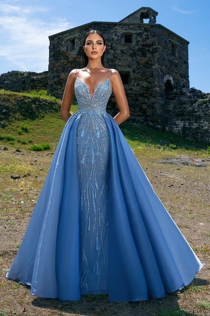 Elegant Blue Prom Dress with Spaghetti Straps and Sequins Overskirt