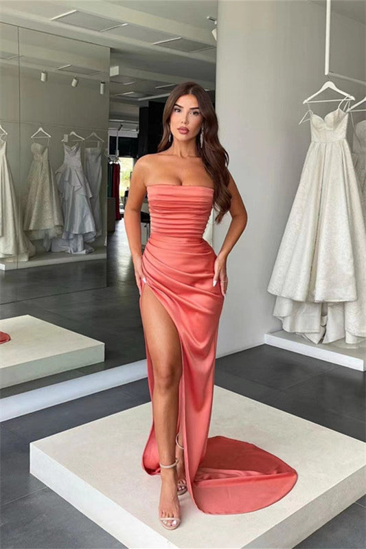 Mermaid Prom Dress - Amazing Coral Strapless With Pleats Slit