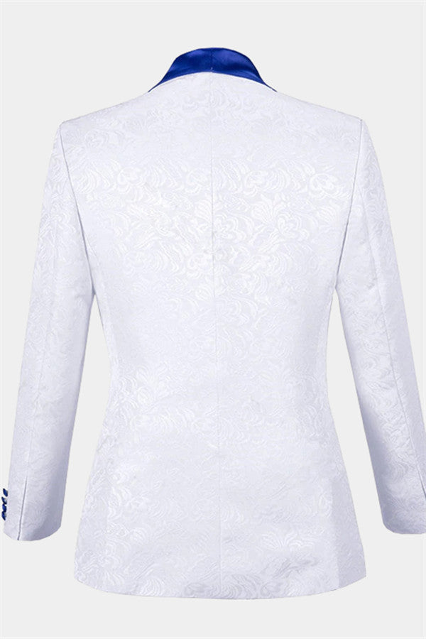 Blue Shawl Lapel White Jacquard Tuxedo Suit - Perfect for Groom