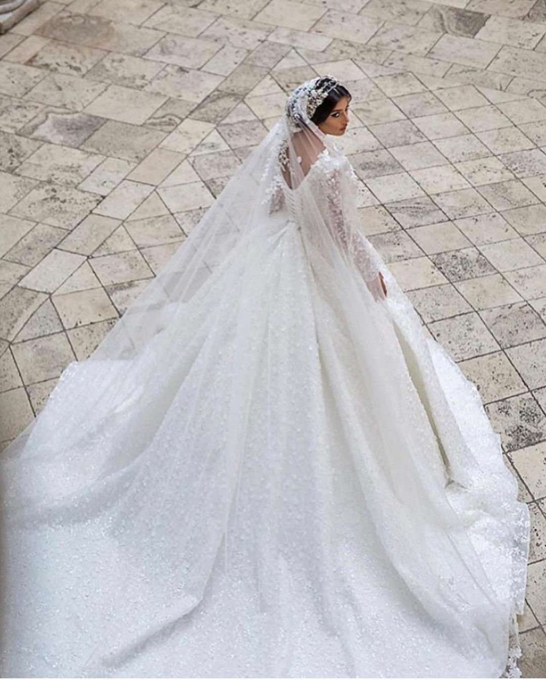 Gorgeous A-Line Deep V-neck Long Sleeve Train Wedding Dress With Appliques Lace