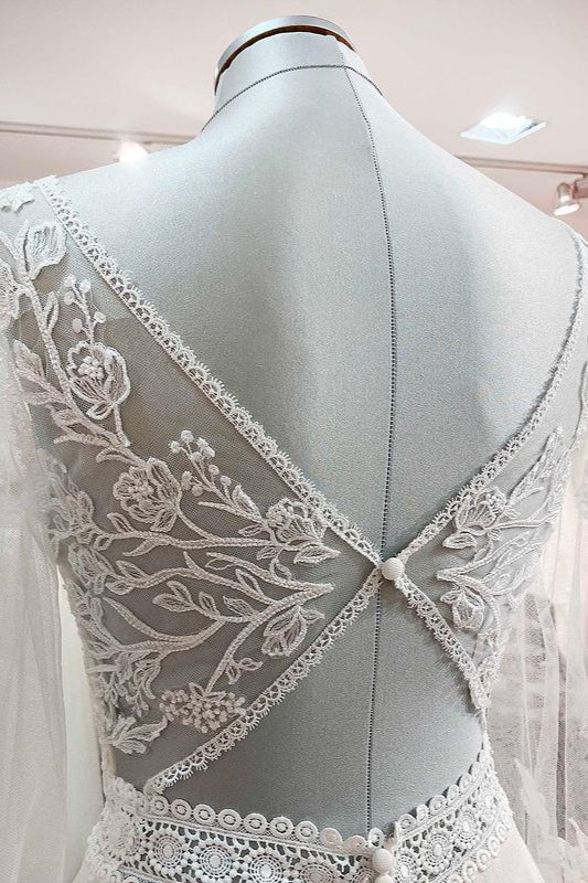 Long A-line Sweetheart Appliques Wedding Dress With Sleeves and Tulle Beadings Lace