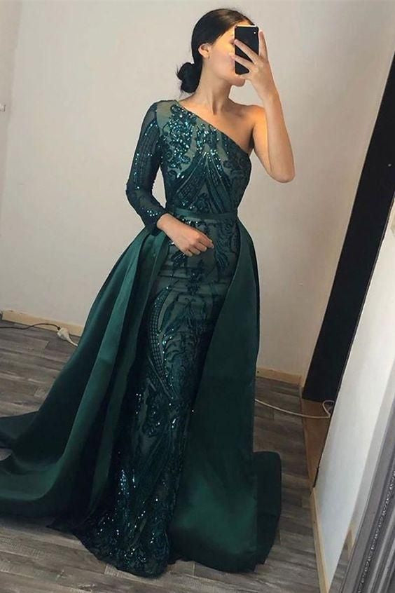 Dark Green Mermaid Prom Dress with Sequins and One Shoulder Long Sleeve Overskirt