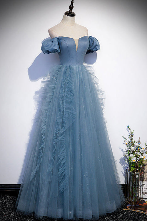 Gorgeous Dusty Blue Off-The-Shoulder Long Prom Dress Tulle With V-Neck