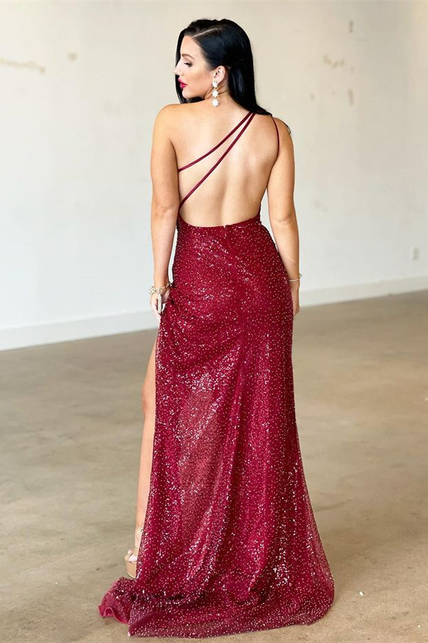 Mermaid Evening Dress with Backless - Burgundy One Shoulder Split