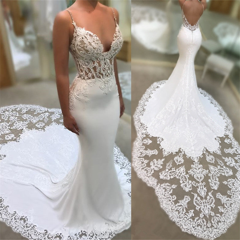 V-Neck Applique Spaghetti-Straps Mermaid Wedding Dress