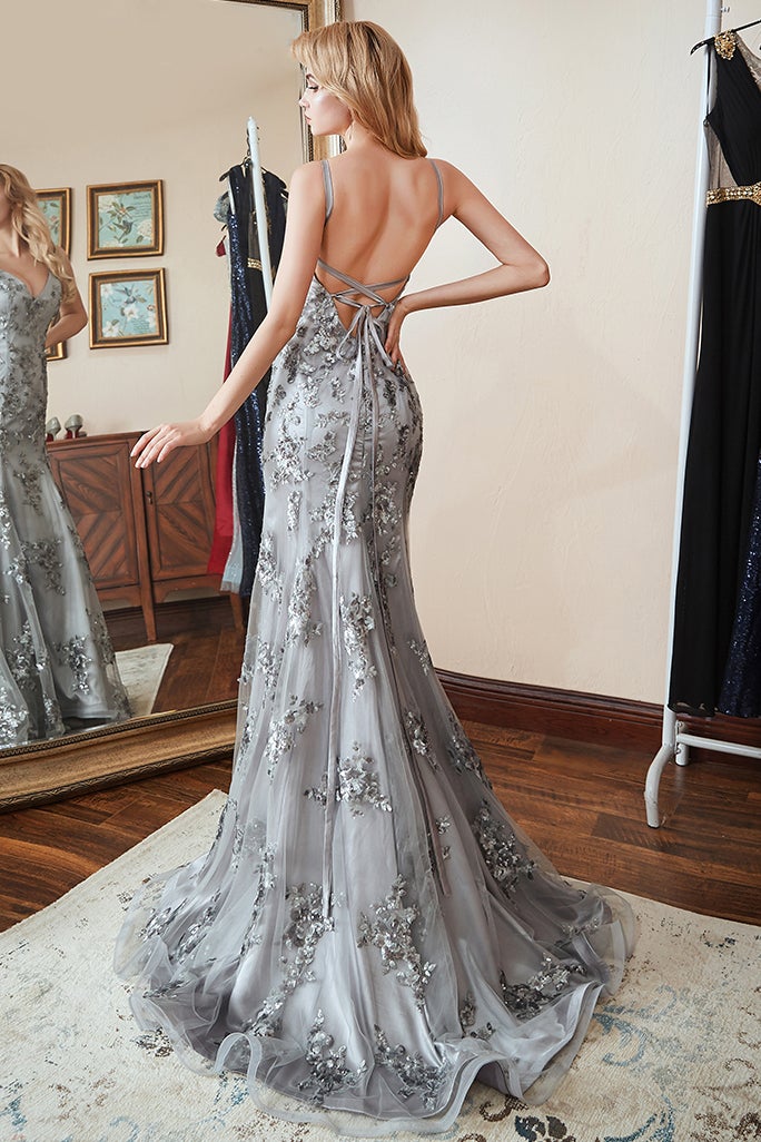 Modern V-Neck Mermaid Prom Dress with Silver Appliques