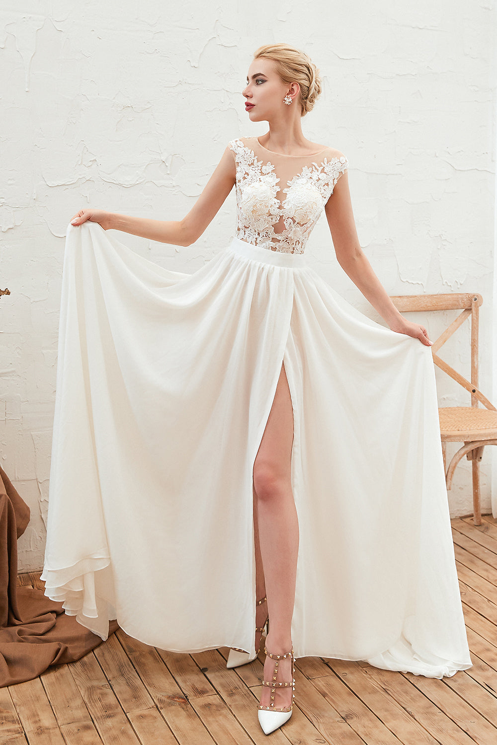 Bateau Appliques Lace A-line Chiffon Wedding Dress with Ruffles and Slit