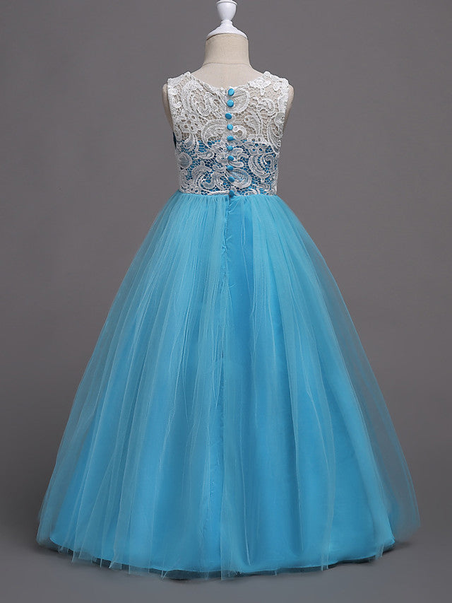 Elegant Lace Satin Tulle Long Length Sleeveless Jewel Neck Flower Girl Dress