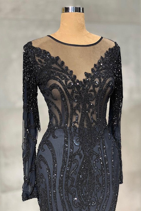 Gorgeous Black Mermaid Evening Dress with Long Sleeves and Appliques