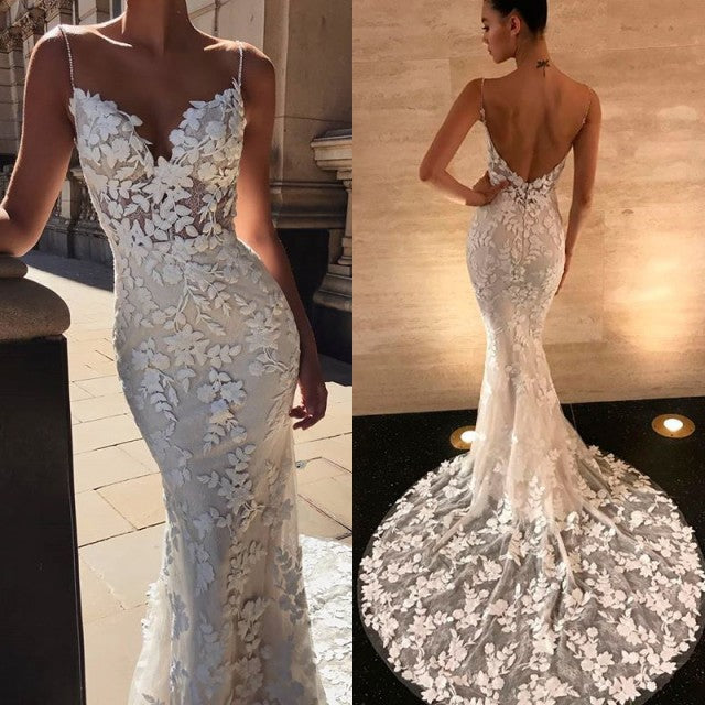 Backless Long Mermaid Wedding Dress with Spaghetti-Straps and Lace Appliques