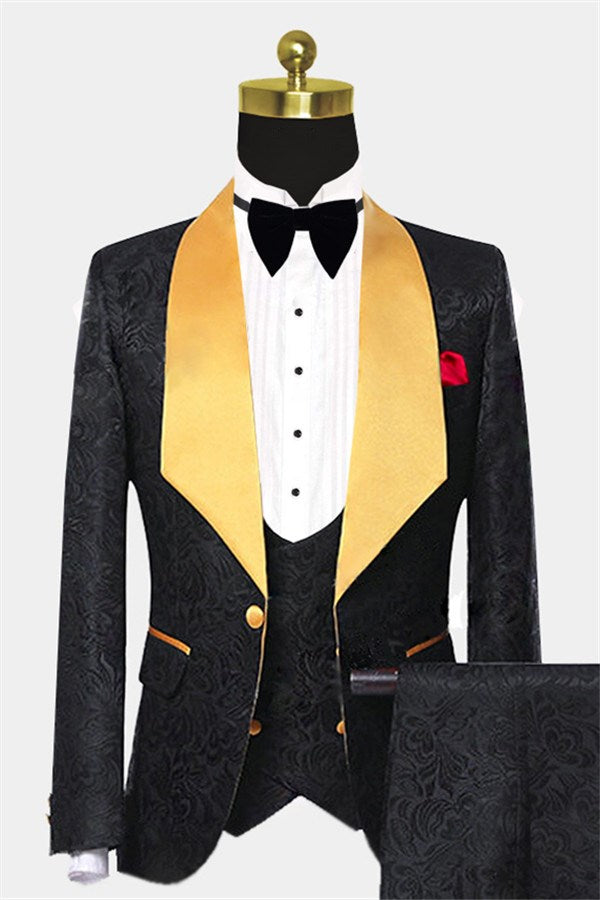 3 Piece Black Jacquard Shawl Lapel Suit For Men Wedding